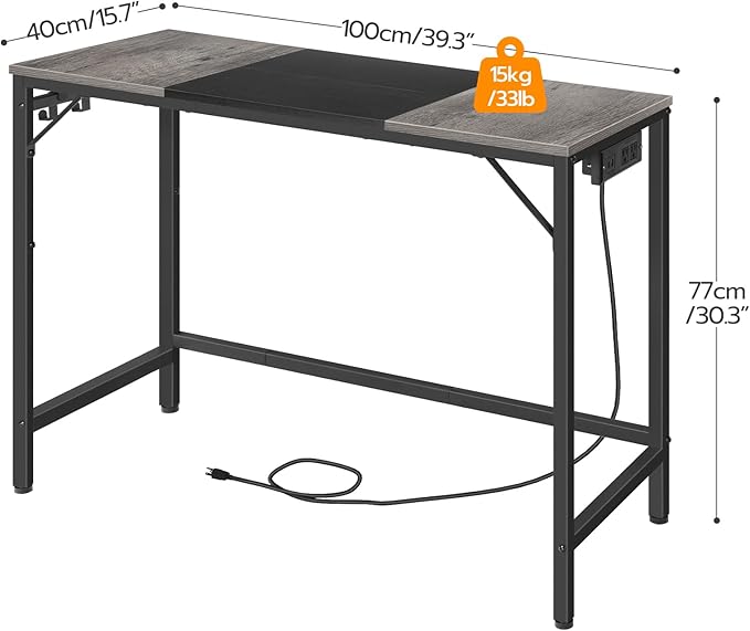HOOBRO Computer Desk, Home Office Desk with Power Outlet, Modern Study Writing Desk with 3 Hooks for Study Room, Home Office, Sturdy and Stable, Easy to Assemble, Charcoal Gray and Black BC41UDN01
