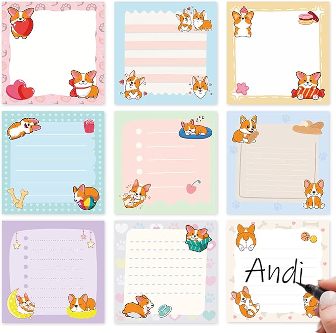 Corgi Sticky Notes Gifts - 9Pack Cute Sticky Notes 3x3 Cartoon Corgi Gifts for Corgi Lovers Corgi Notepads Funny Dog Post Pads for Women Office School Supplies 450 Sheets
