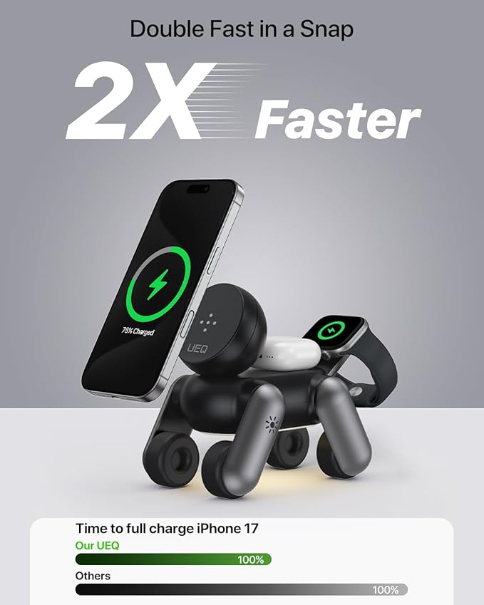 3 in 1 Wireless Charging Station for Apple Devices,Foldable Cute Magnetic Mag-Safe Wireless Charger Stand with Night Light for iPhone 17 Air 16 15 14 13 12 Series,AirPods 4 3 2 Pro,Apple Watch