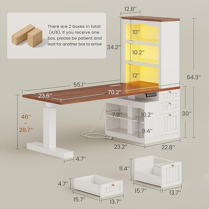 Farmhouse Standing Desk Adjustable Height with 3-Tier Bookcase, 55" Executive Electric Office Desk, Sit Stand Computer Desk with Storage Shelves, File Drawers, Power Outlets, Led Light, White+Walnut