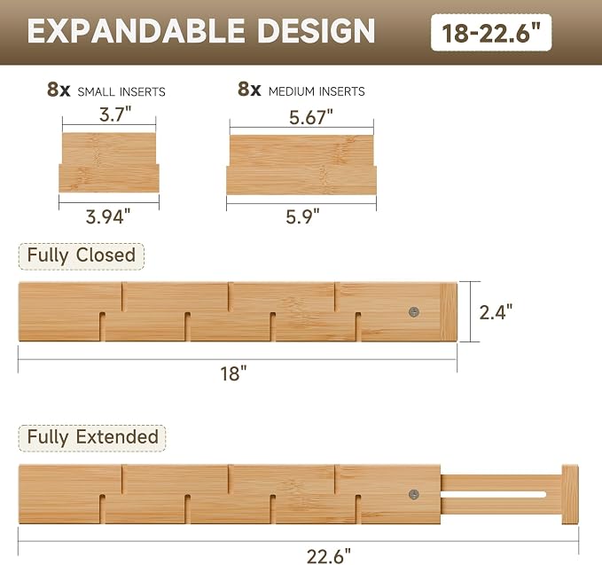 Bamboo Drawer Dividers, Expandable Kitchen Drawer Organizer | Include 8 Dividers, 8 Small Inserts and 8 Medium Inserts for Home, Office, Dressers