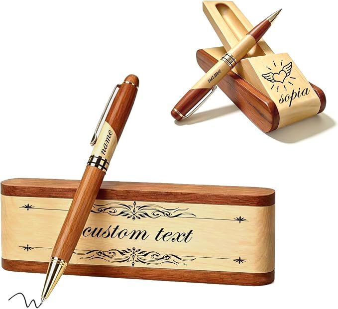 Custom Pen Set with Name Text Personalized Wood Ballpoint Pens Box Customized Engraving Pen Gift Set for Men Women Boss Colleagues Friends Graduation Christmas Fathers Day (Custom Pen 1)