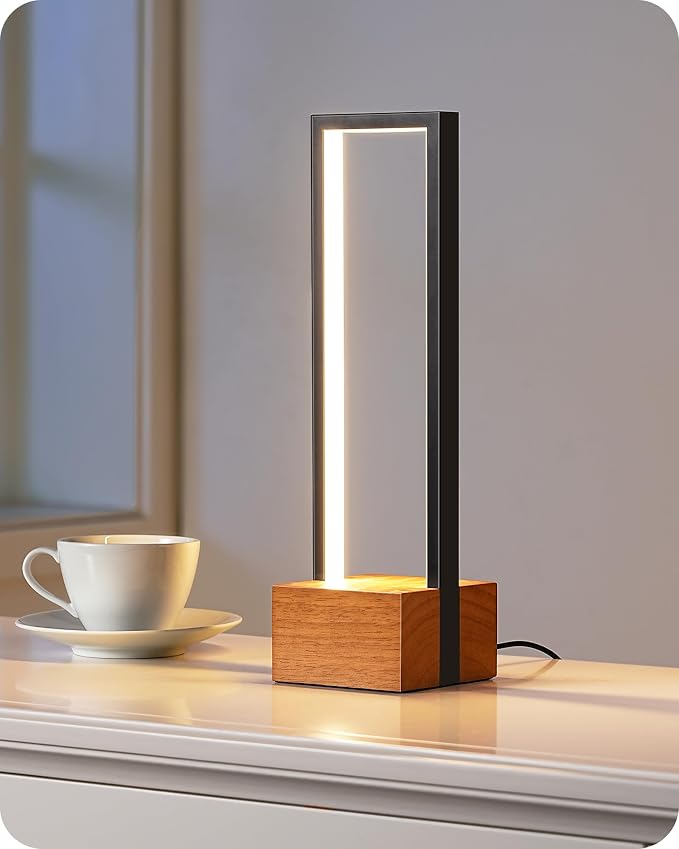 EDISHINE LED Table Lamp, Wooden Bedside Lamp with 3 Color Temperatures, Dimmable Square Nightstand Lamp for Bedroom Living Room, Complete Dark Rose Wood Color Base