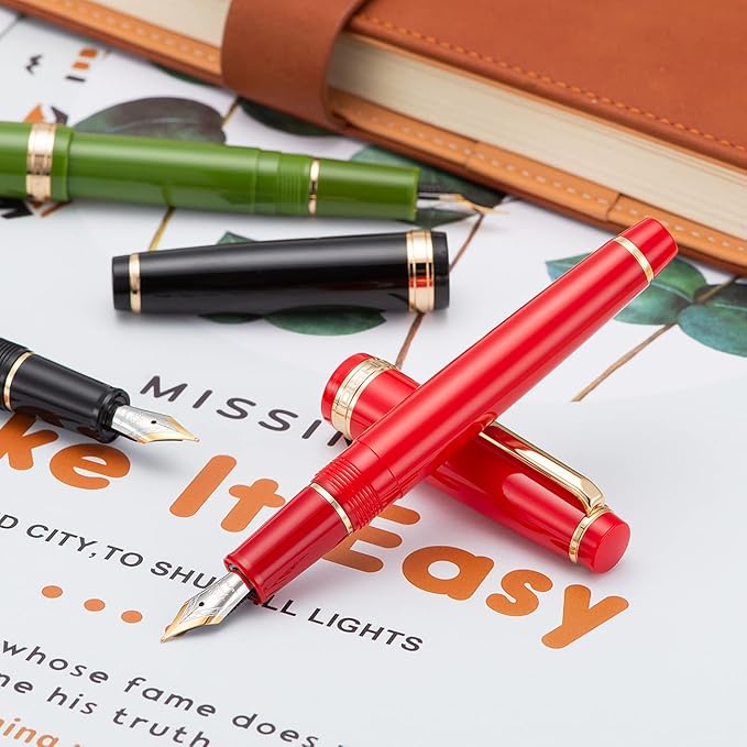 Jinhao 82 Avocado Green Acrylic Fountain Pen, Iridium Bent Nib Classic Design Smooth Writing Pen with Ink Converter (Gold Trim)