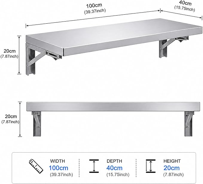 Wall Mounted Folding Table,304 Stainless Steel Wall Folding Desk,Floating Table for wall,Laundry Room Folding Table,Home Bars and Dining Establishments(100x40cm /39.4"x15.7")