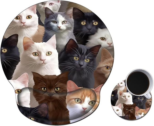 Mouse Pad with Wrist Support Gel, Ergonomic Mouse Pad with Comfortable Wrist Rest, Gaming Mousepad Non-Slip PU Base for Laptop Office Easy Typing & Pain Relief,Cute Funny Cat