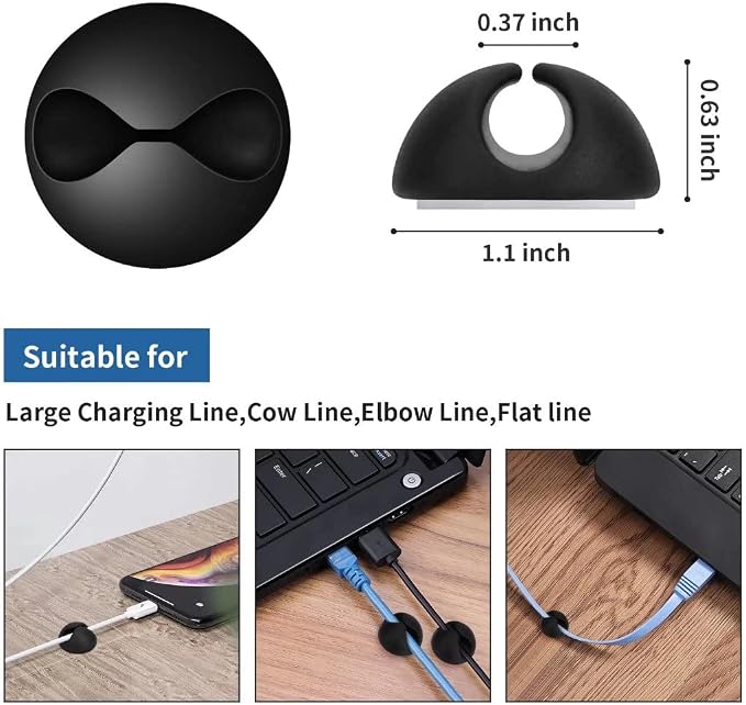 8 Pack Adhesive Cable Clips Cord Organizer for Desk, Black | Self-Adhesive, Cord Organizer Management for Desk, Suitable for Computer, Charging, Electrical and Mouse Wires, Easy to Use
