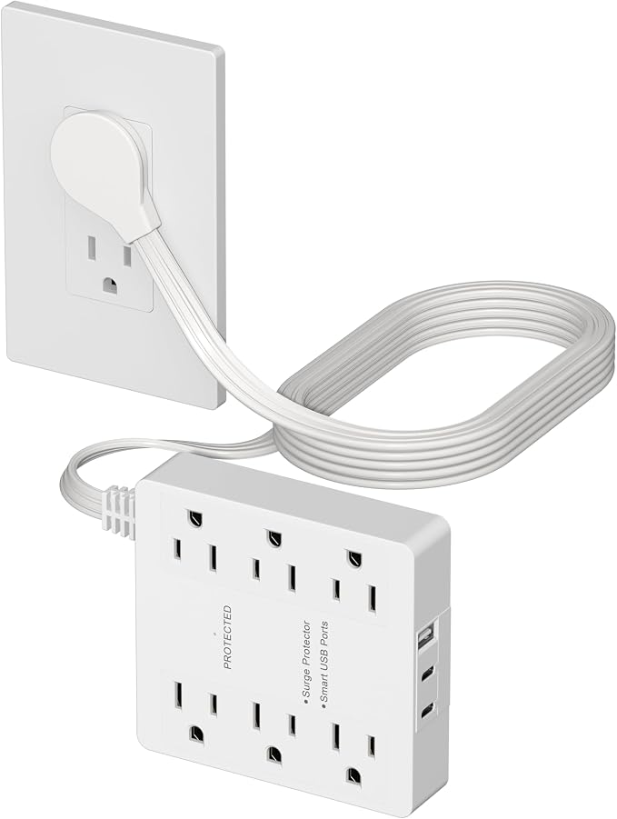 LIDER Outlet Extender with 6 Receptacles, USB-A & 2 USB-C, Angled Ultra-Thin Flat-Plug, 6-Outlet Power Strip, Surge Protector 1500 Joules, 5ft Cord, 1250W, ETL Listed, Matte White