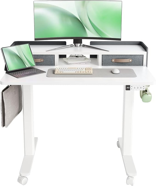 Claiks Standing Desk with Drawers, Adjustable Stand Up Electric Small Standing Desk Adjustable Height with Storage Shelf and Splice Board, 40 Inch, White