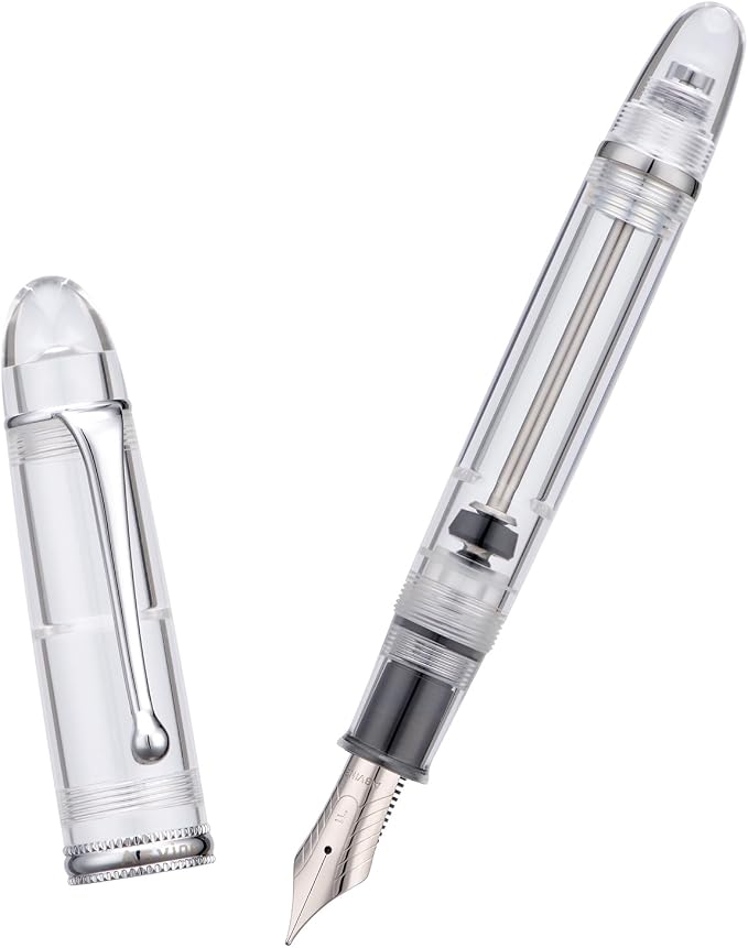 Asvine V800 Fountain Pen - Vacuum Filling System with Large Ink Capacity - Smooth Number 8 Medium Nib with Gift Case and Wrench - Clear Silver Acrylic