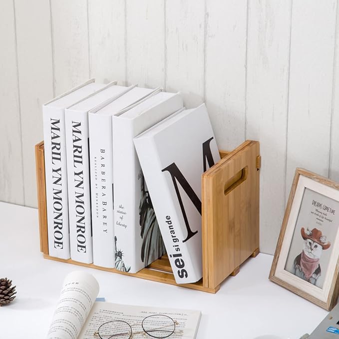 ZOOFOX Bamboo Desktop Bookshelf, Expandable Desktop Organizer, Small Display Shelf Book Rack for Office Supplies, Home Tabletop