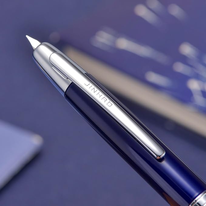 Jinhao 10 Press Fountain Pen with Box, Dark Blue Retractable Extra Fine Nib with Ink Converter Set (Silver Clip)
