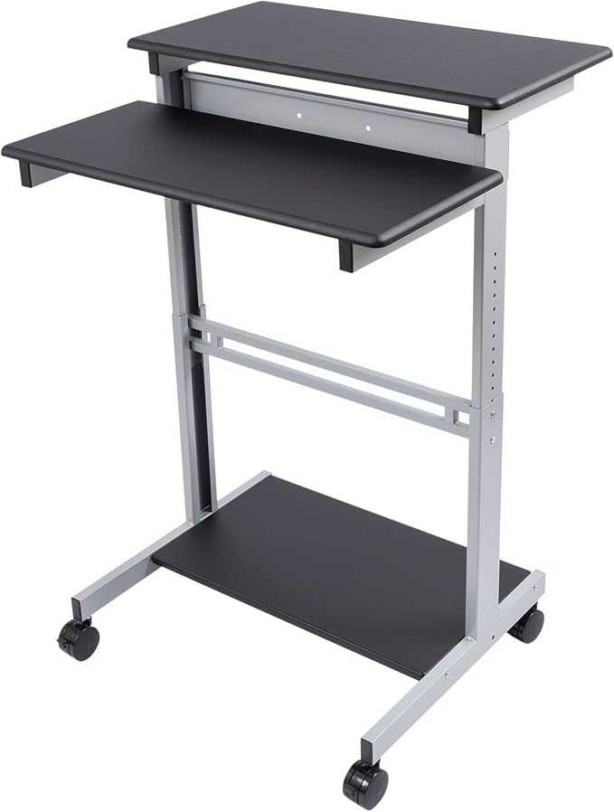 S STAND UP DESK STORE Rolling Adjustable Height Two Tier Standing Desk Computer Workstation (Silver Frame/Black Top, 32 Wide)
