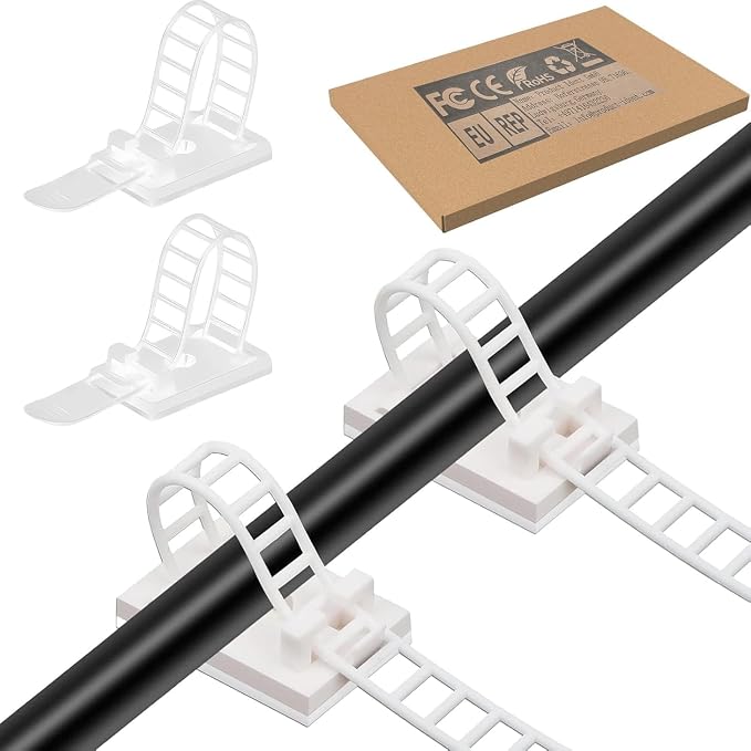 Adjustable Adhesive Cable Management Clips 50Pcs, Large self Adhesive Cable Ties Clips ，Suitable for Cable Management Under desks and on Walls (White)