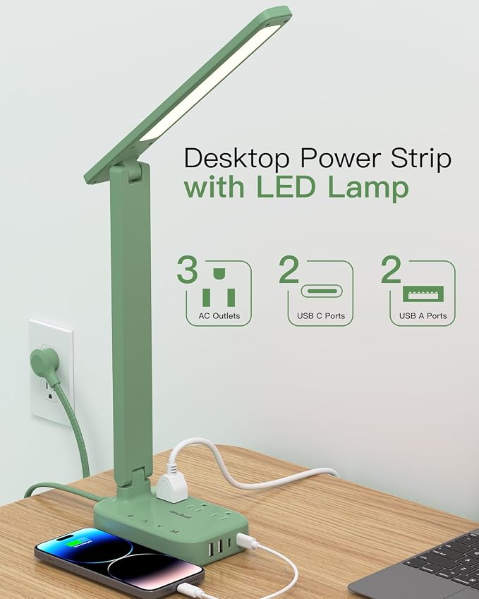 One Beat Small LED Desk Lamp Power Strip, Extension Cord with 3 Outlets 4 USB Ports(2 USB C), 4 Modes, 5 Level Touch Lamp Study Reading Light, Home Office Bedroom College Dorm Room Essentials, Green