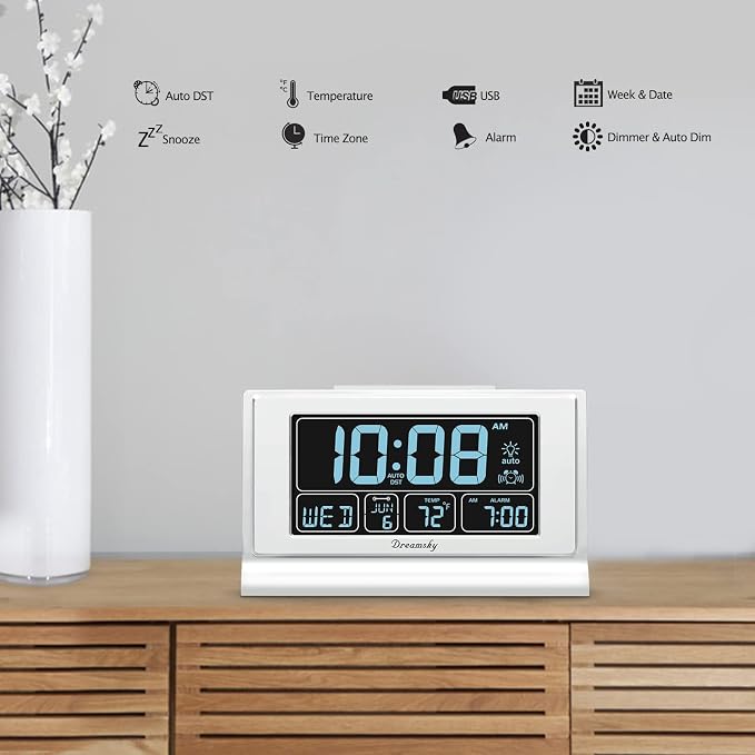 DreamSky Alarm Clocks for Bedrooms with Battery Backup, Auto Set | Digital Clock with Date & Day of Week, 5 Inch Large Display, Weekday, Temperature, USB Port, Auto DST, Brightness Dimmer