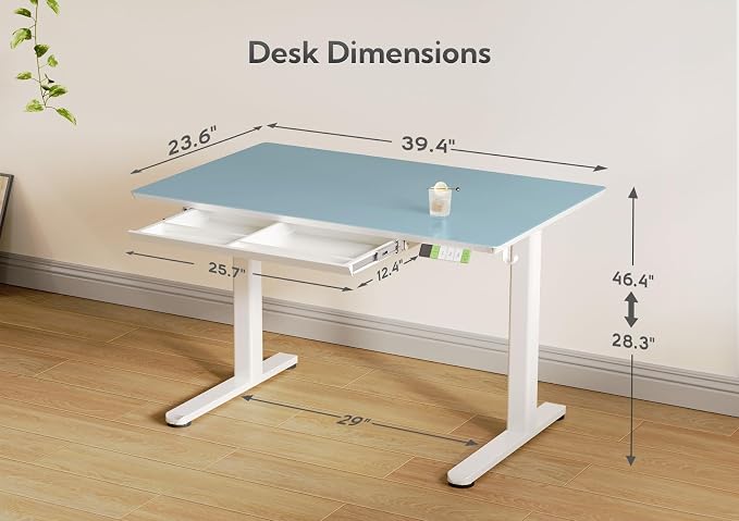 INNOVAR 40×24 Inch Morandi Blue Glass Standing Desk with Drawers | Tempered Glass Top, Ergonomic, Adjustable Height, Stand Up Desk,4 Memory Presets