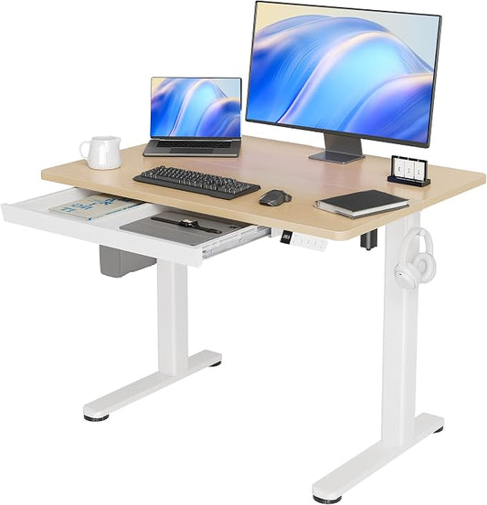 Claiks Standing Desk with Drawer 40 Inch Electric Height Adjustable Natural | Sturdy steel frame supports 176 lbs, 28.35-46.46 inch height range, 45 dB quiet motor, 2 hooks