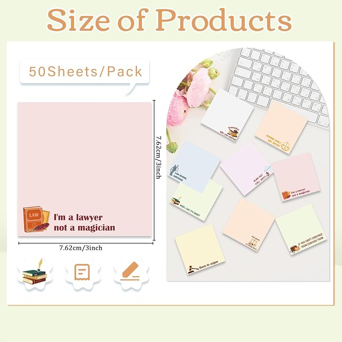 Lawyer Sticky Notes Gifts - 9 Pack Funny Attorney Notepads 3x3 Inches, Lawyer Gifts for Women Men, Law Self-Stick Memo Pads, Legal School Office Supplies for Students Coworkers (450 Sheets)