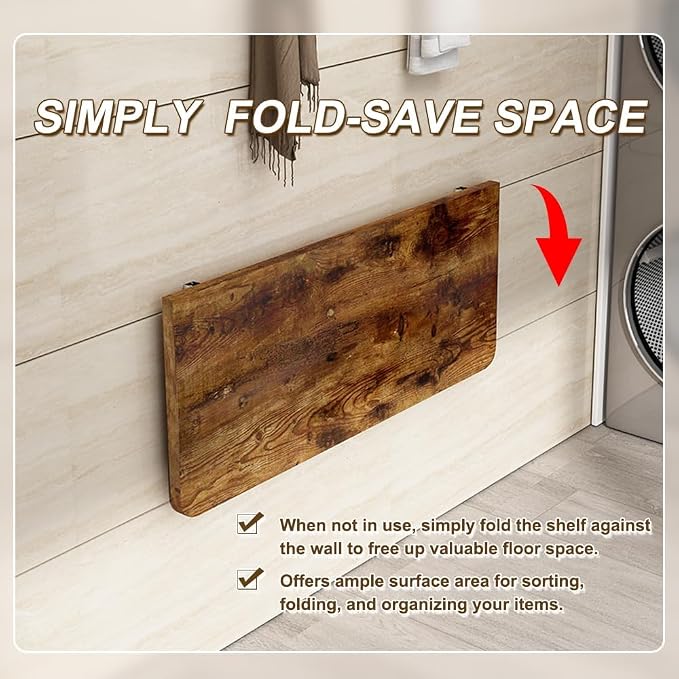 Rustic Wall Mounted Folding Table, Solid Wood Floating Shelf with Stainless Steel Brackets, Space Saving Desk for Home Office, Kitchen, Dining, Bar, Laundry Room(100X40cm/39.37"X15.75")