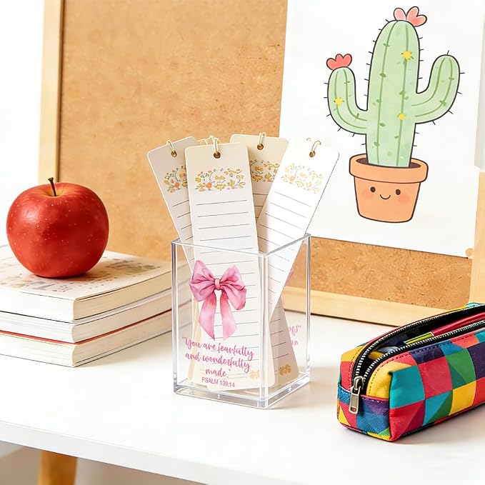 You Are Fearfully And Wonderfully Made Acrylic Pencil Pen Holder Cup, Psalm 139:14 Makeup Brush Storage Organizer, Cute Bow Desk Accessories Holder, Graduation Gifts for Daughter Niece