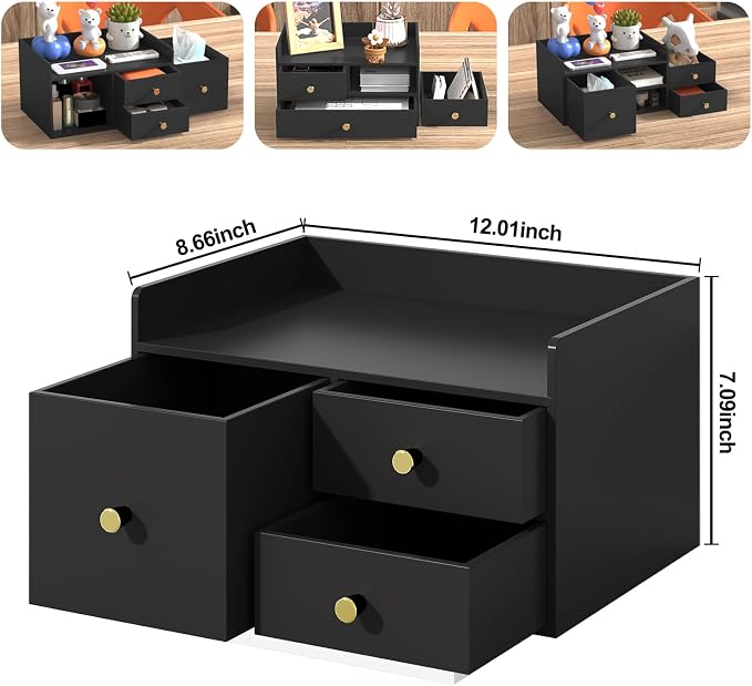 Bamboo Desk Organizer with Drawers,Wooden Desktop Storage (Black,3 Drawers) | 100% Bamboo 3 Pull-Out Drawers No Assembly Required Space-Saving Design