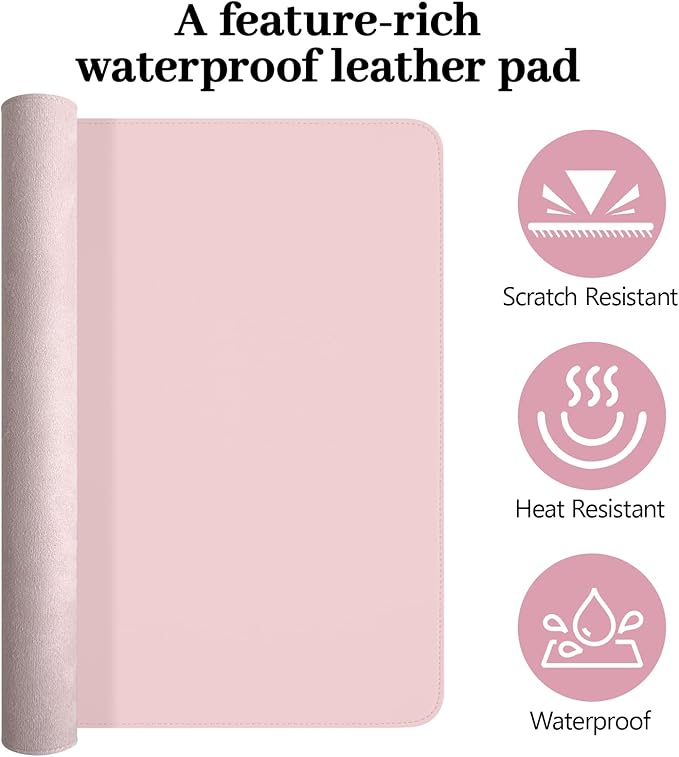 Pink Desk Mat, Leather Desk Pad Protector, Non-Slip Office Computer Mat, Waterproof Desktop Mat for Keyboard and Mouse, Pink Desk Accessories for Women, 23.6"x13.7"
