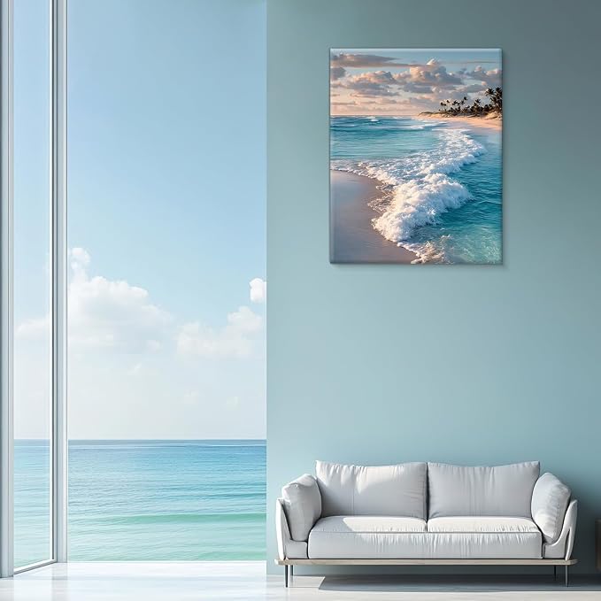 Coastal Ocean Wave Wall Art Decor Seascape Beach Painting Picture Artwork Blue Ocean Aesthetic Wall Decor for Home Beach Room Bedroom 8x10 Canvas Framed