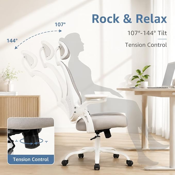 Grey Ergonomic Office Chair, High Back Mesh Desk Chair with Adjustable Headrest Lumbar Support, Computer Chairs with Flip-up Armrests and Thickened Cushion for Adults Home Office, 360° Swivel