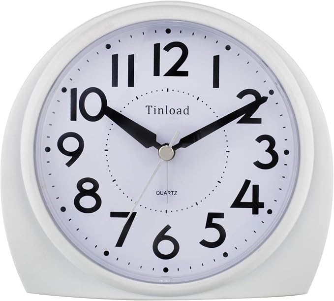 Tinload 5.5" Large Analog Alarm Clock Silent Non Ticking, Gentle Wake, Beep Sounds, Increasing Volume, Battery Operated Snooze and Manual Light, Easy Set,White(Best for Elder)