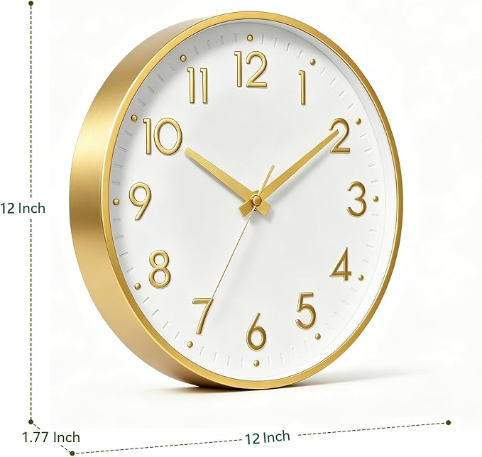Mosewa 12 Inch Wall Clock Battery Operated Silent Non Ticking Analog | White Gold modern clock; oversized 3D easy-read dial for kitchen, bedroom & office; 1 AA battery (not included)