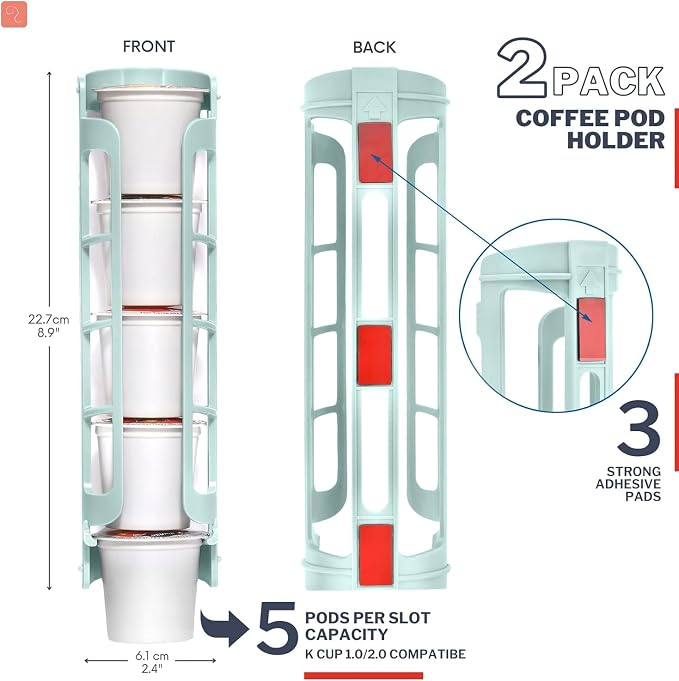 STORAGENIE K Cup Holder for Keurig, Coffee pod Storage, Side Mount | Wall Mount, Perfect for Small Counters (2 Rows/For 10 K Cups, OASIS BLUE)