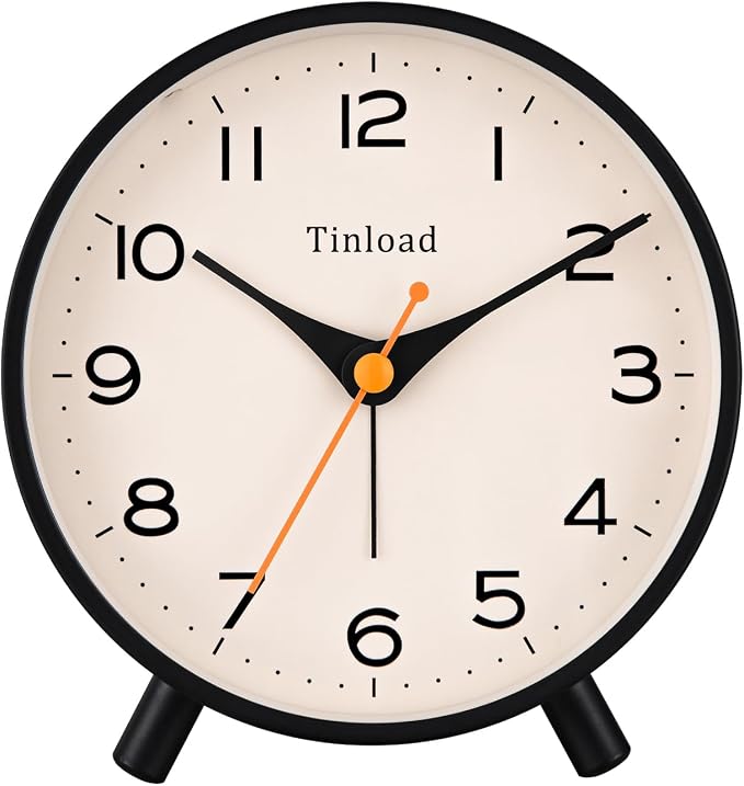 Tinload 4.5" Antique Retro Analog Alarm Clock, Small Silent Bedside Desk Clock,Lighted on Demand, Battery Operated, Snooze, for Living Room, Bedroom, Bedside(Black)