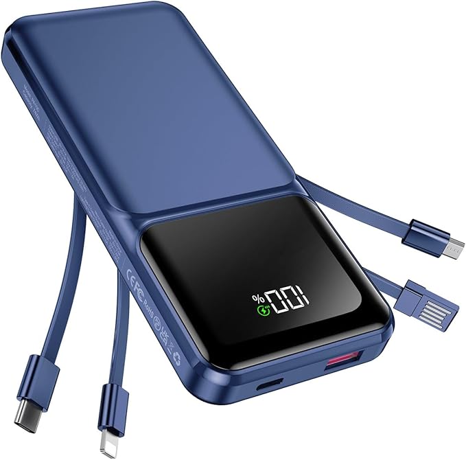 Portable Charger with Built in Cable - 20000mAh Fast Charging 22.5W Power Bank USB C LED Display Slim Battery Pack 5 Outputs & 3 Inputs for Travel Essentials iPhone Samsung Android Phones Tablets