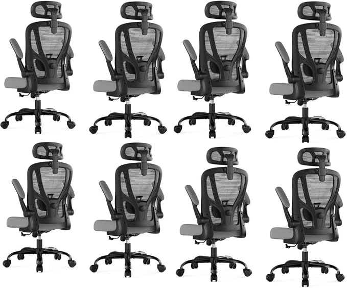 Office Chair Ergonomic Desk Chair - Mesh High Back Office Chair with Headrests Wheels Lumbar Support Home Desk Office Chairs Flip up Armrest Executive Rolling Computer Chair Black Gray 8 Pack