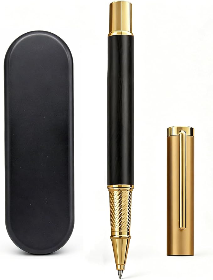 Luxury Rollerball Pen, Natural Black Walnut Wood & Metal Executive Writing Pen, Fine Point Smooth Ink, Professional Business Signature Pen Gift Set with Metal Case for Men Women