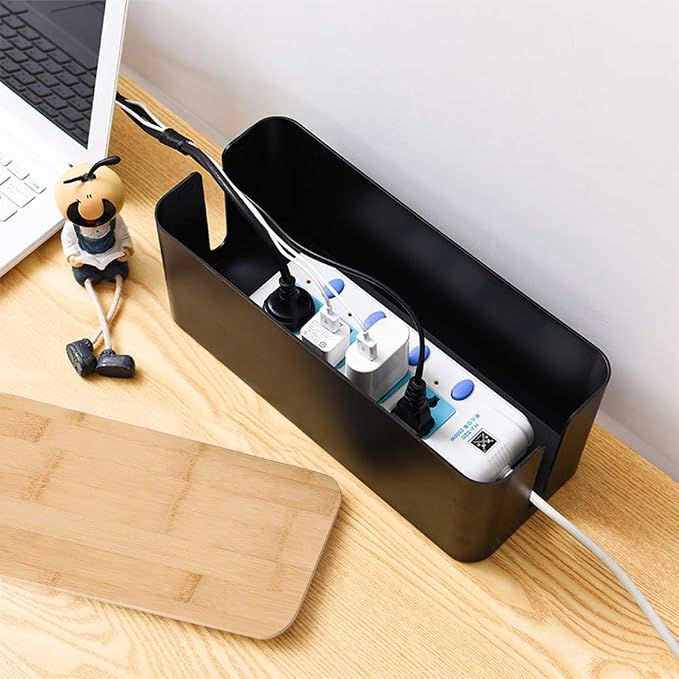 PowerKing Cable Management Boxes Organizer, Bamboo Lid, Large Storage Wires Keeper Holder for Desk, TV, Computer, USB Hub, System to Cover and Hide & Power Strips & Cords (Luxury Black)