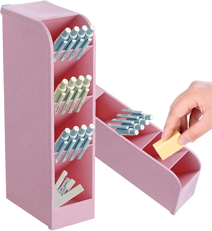 4-Grid Vertical Desk Organizer, Plastic Pen Holder | Pencils & Markers & Pens | Multifunctional Stationery Caddy | School Home Office(Pink)