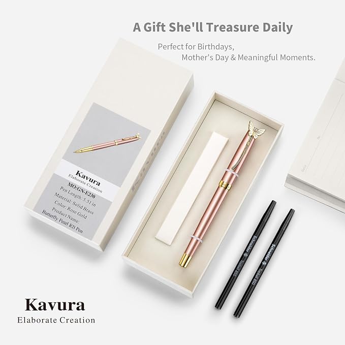 Butterfly & Pearl Rollerball Pen – Elegant Brass Pen Gift Set for Women, Jewelry-Inspired Design, Glossy Finish, with German Refill, Gift for Her, Graduation & New Beginnings (Rose Gold)