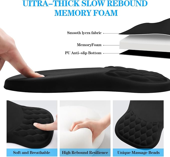 Ergonomic Mouse Pad with Wrist Rest, Memory Foam Mousepad with Wrist Support and Non-Slip PU Base for Pain Relief, Massage Bulge Mouse Mat for Office, Home, Computer Desk (Black)