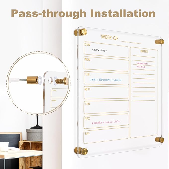 Small Acrylic Calendar for Wall, 12" X 14" Golden Clear Acrylic Wall Calendar, Clear Wet & Dry Erase Board Hanging Frameless Weekly Planner for Office, Home or School, 2 Markers
