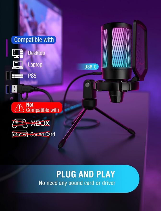 FIFINE Gaming USB Microphone for PC PS5, Condenser Mic with Quick Mute, RGB Indicator, Tripod Stand, Pop Filter, Shock Mount, Gain Control for Streaming Discord Twitch Podcasts Videos- AmpliGame