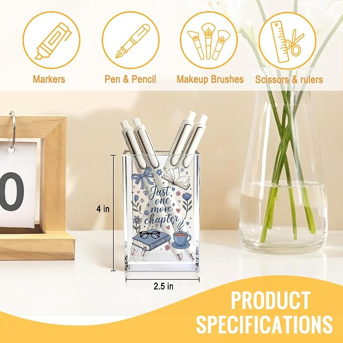 Just One More Chapter Acrylic Organizer Pencil Pen Holder, Coquette Book Coffee Design Pencil Cup, Inspirational Bookworm Gifts for Reader Book Lover Book Club Member Student Bibliophile