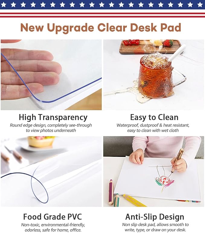 RostiKong Clear Desk Cover Protector 14'' x 24'' Desk Pad Mat Blotter on Top of Desks Transparent PVC Table Protector Rectangle Desk Mat Table Cover for Office Writing Desktop Dresser with Mouse Pad