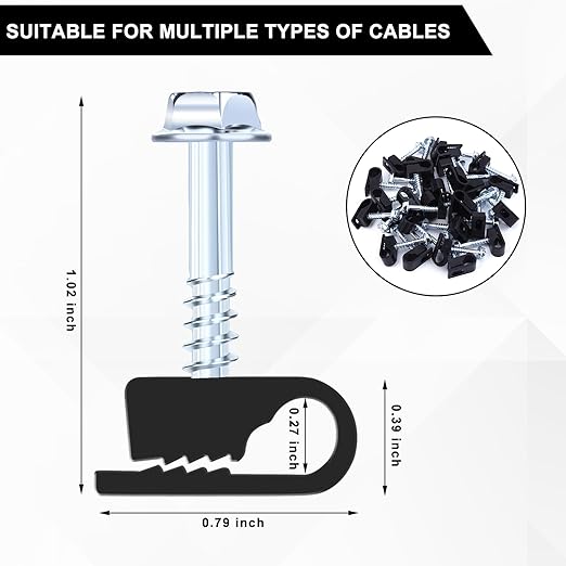 Cable Clips with Screws Fastener 1/4 Inch (6 mm) - All Weather Wire Clips for Coaxial, Ethernet,Electrical Cables,Brick/Stucco Siding Clips, UV-Resistant for Outdoor Wall Mount,50 Pack,Black