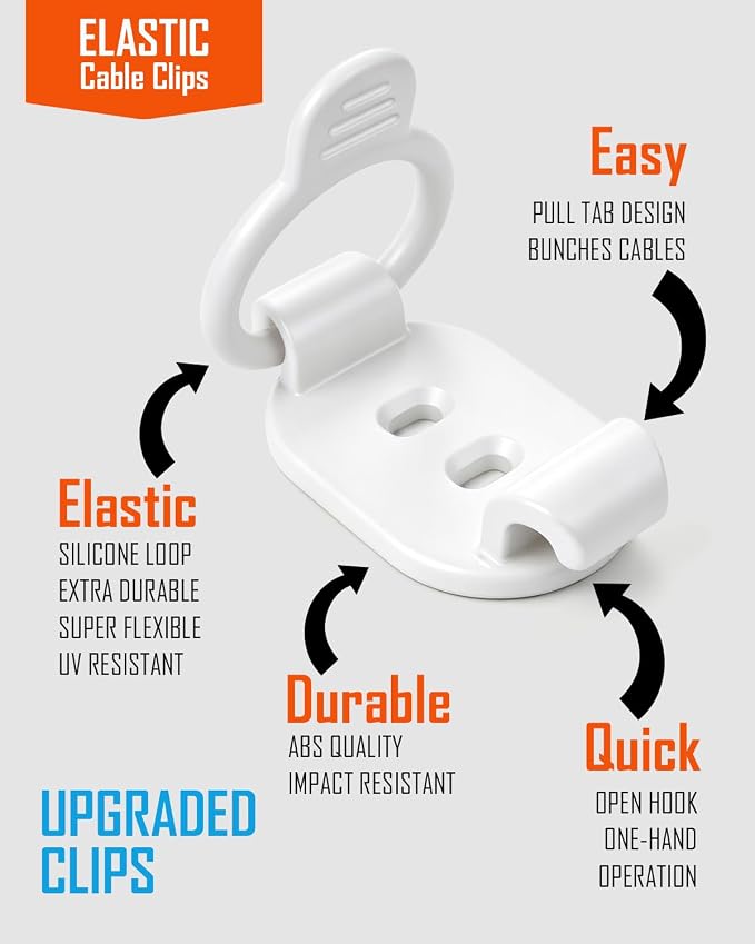 OneLeaf 10-Pack Adjustable Elastic Cable Clips, Cable Management, White | Self-Adhesive, Cord Organizer, For Office, Home, Car, Under Desk, Behind TV, Nightstand, For Charger, HDMI, PC, Decoration