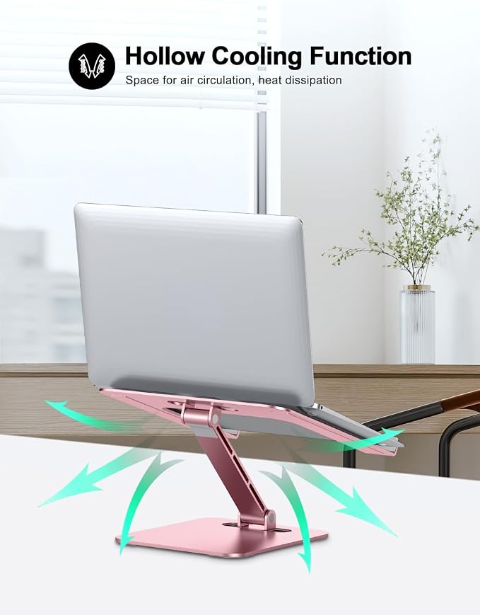 RIWUCT Foldable Aluminum Alloy Laptop Stand for Desk, Height Adjustable Ergonomic Computer Stand, Portable Laptop Riser Holder Printer Stand Compatible with MacBook Pro Air/HP/Dell 10-16", Pink