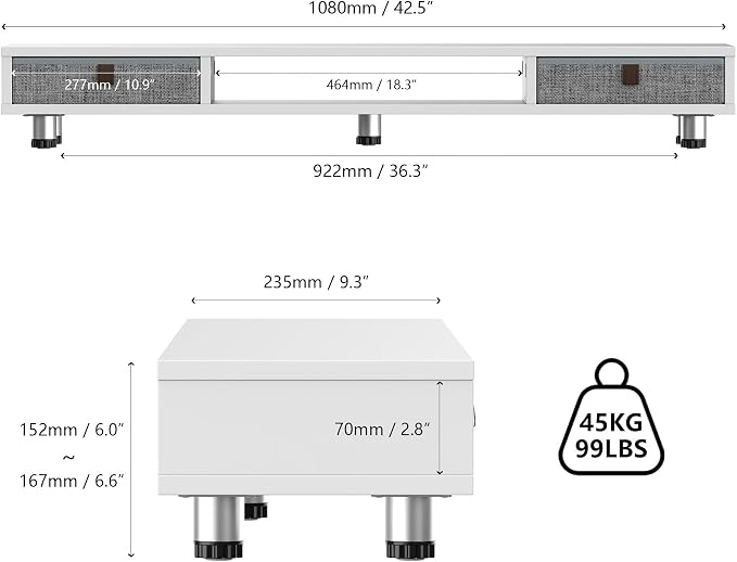 Fenge Dual Monitor Stand, 2-Tier Desk Organizer with Drawers, 42.5in, White | Storage Fabric Drawer, Ergonomic Height Adjustable, Desk Shelf for Top of Desk, Laptop, PC, TV, Home Office Organization
