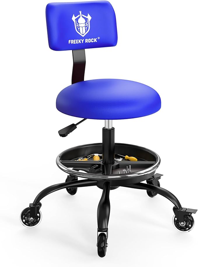 Rolling Shop Stool with Wheels, Garage Mechanic Stool Chair with Backrest, Height Adjustable Heavy Duty Swivel Task Chair, Adjustable Footrest with Storage Tray for Garage Kitchen Salon Tattoo (Blue)
