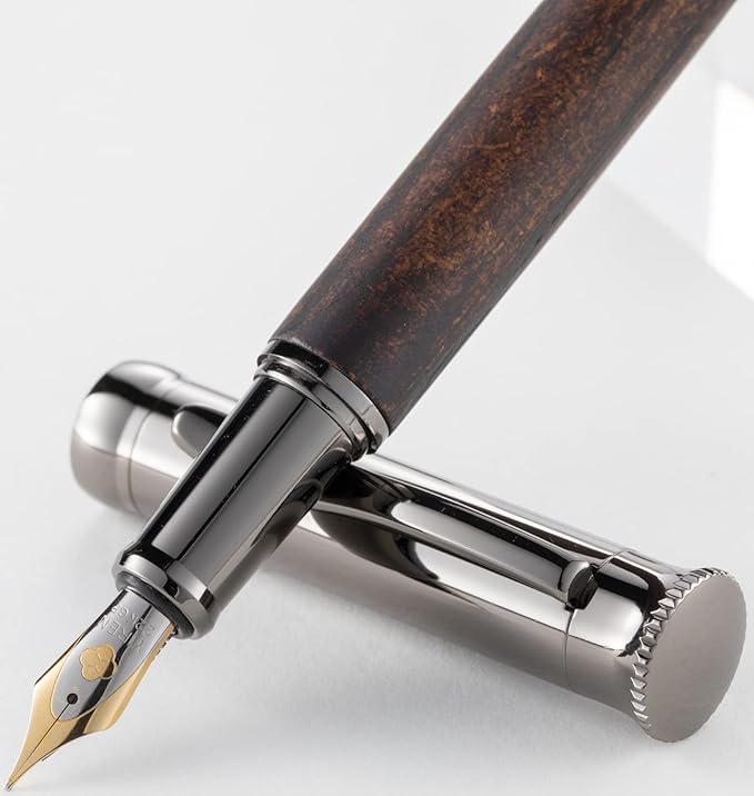 Executive Classic Style Fountain pen - Gun Grey Polished metal with Artisanal Wood - Includes Converter Piston and 6 Ink Cartridges (Walnut)